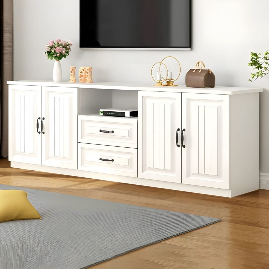 1200x12002 161 Scandi Wood Paneled Media Base with Drawers, Charming 63 inch Mid-Height Console for Cozy Living