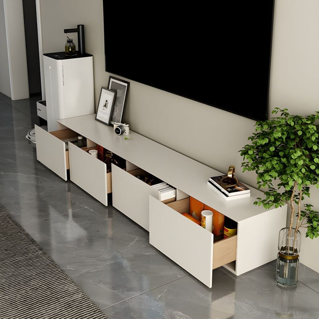 1200x12002 162 Seamless White Drawer Media Base, Radiant 94 inch Minimalist TV Unit with 4 Buffer Drawers for Modern Lounges