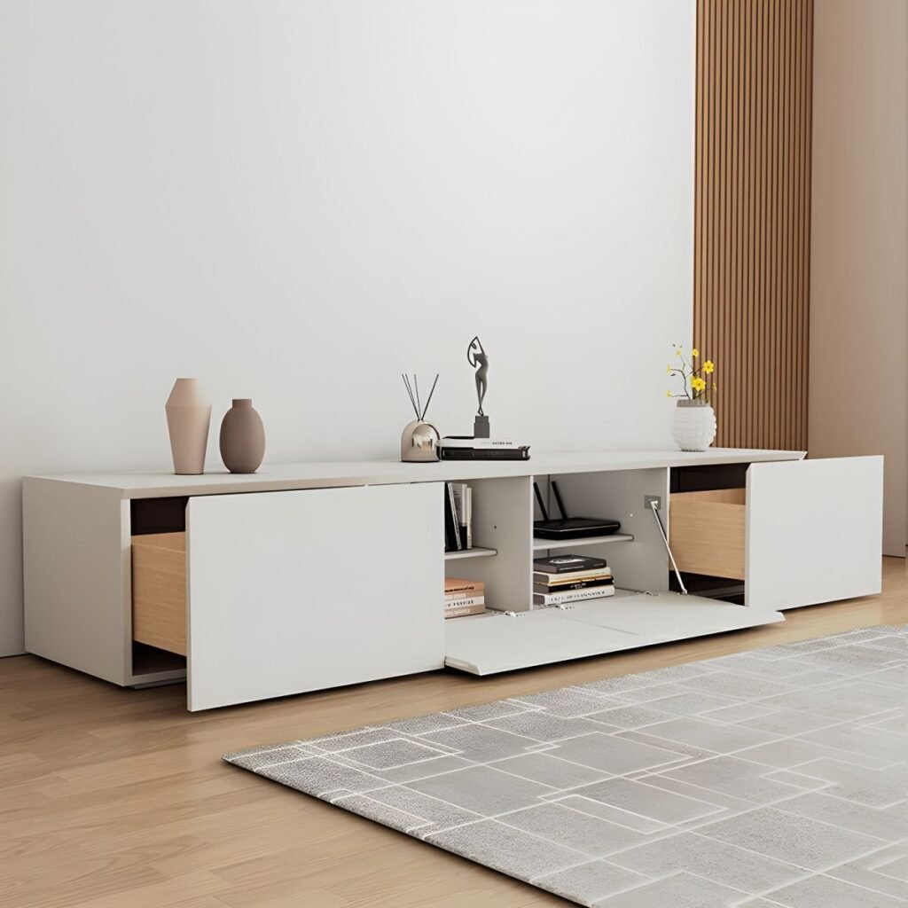 1200x12002 163 Sleek White Media Console Table, Radiant 94 inch Minimalist TV Stand with Drop-down Storage for Modern Homes