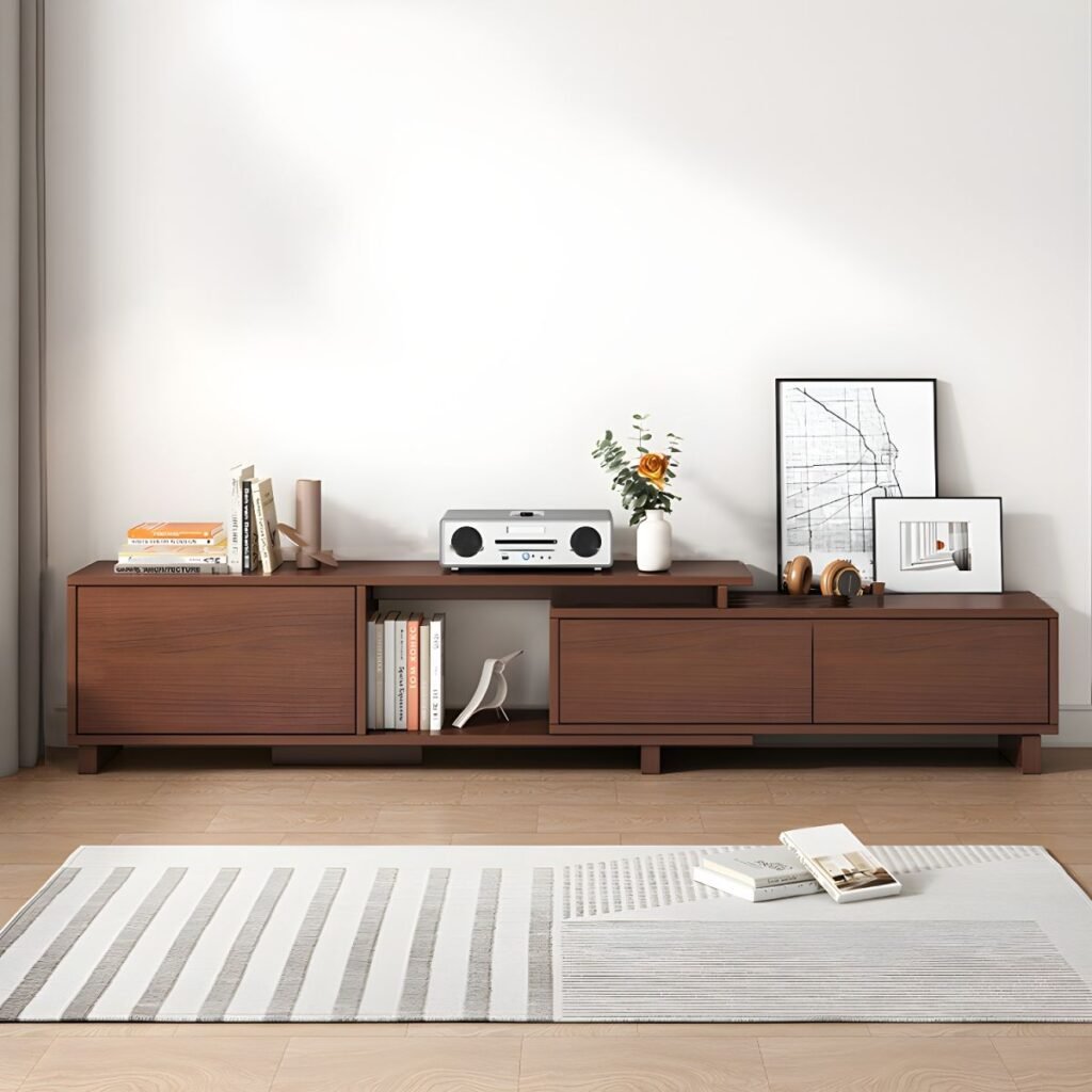 1200x12002 167 Durable Cocoa Art Deco Rectangular Wood TV Stand with 3 Drawers and Cable Management Console