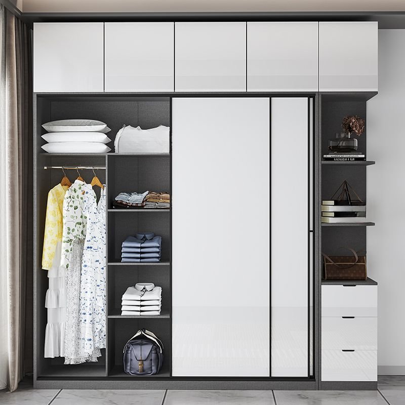 Exquisite Anthracite Fusion – Radiant 94.5-Inch Hybrid Wardrobe with White Sliding Panels and Side Drawer Module - Image 3