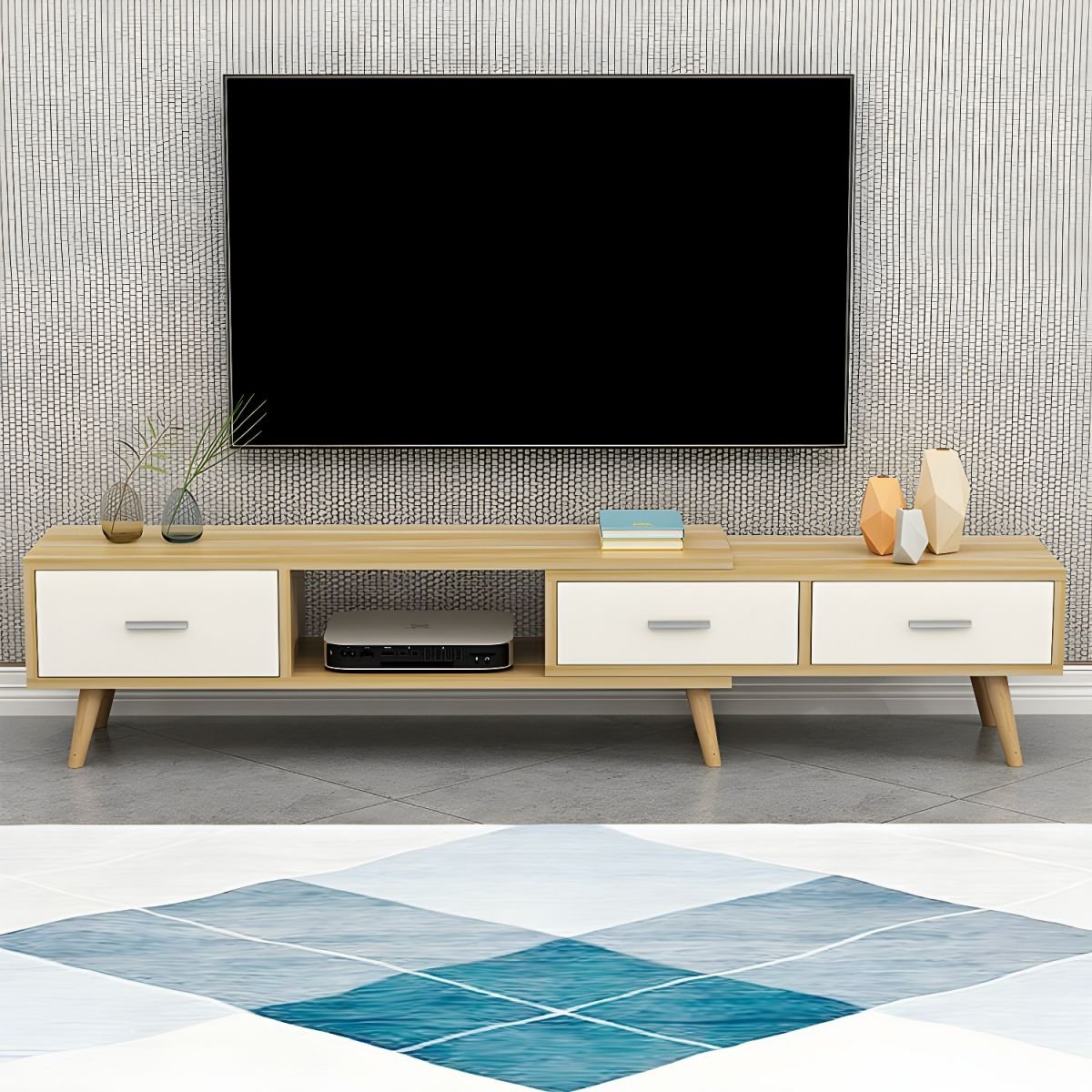 Wood TV Stand Console in Wood with Storage Drawers and Metal Legs Glam - Image 4