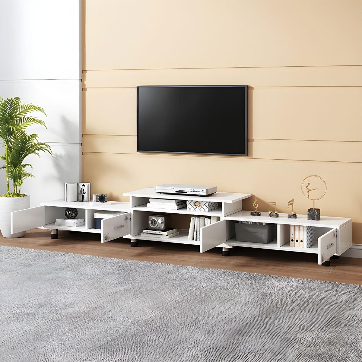 Contemporary TV Stand with Drawers / Cabinets in White , Faux Wood TV Console - Image 3