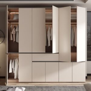 Refined Grey and Wood Wardrobe with Integrated LED Lighting – Grand 94.5″ Tall ENF Eco-Friendly Armoire