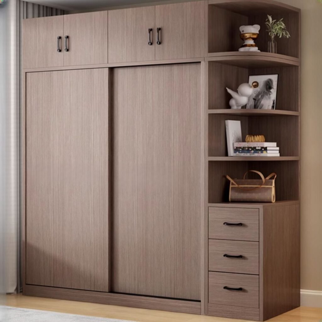 Modern Sliding Door Wardrobe in a natural wood finish, featuring a side open shelf unit with drawers and additional top cupboards for maximum storage.