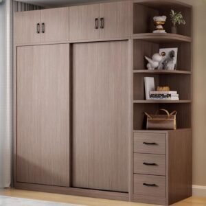 Elegant Wood Grain Sliding Door Wardrobe with Integrated Side Drawers – Versatile 71″ to 86.5″ Modular Closet in 28 Customizable Sizes