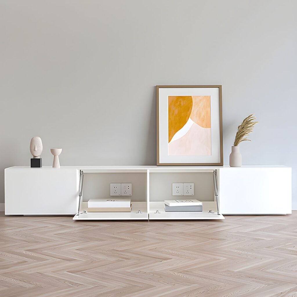 Apexerahomelife Chic 59 inch White Media Console showing a seamless 150cm white finish with a gas strut drop-down door and two hidden handle drawers in a minimalist setting.