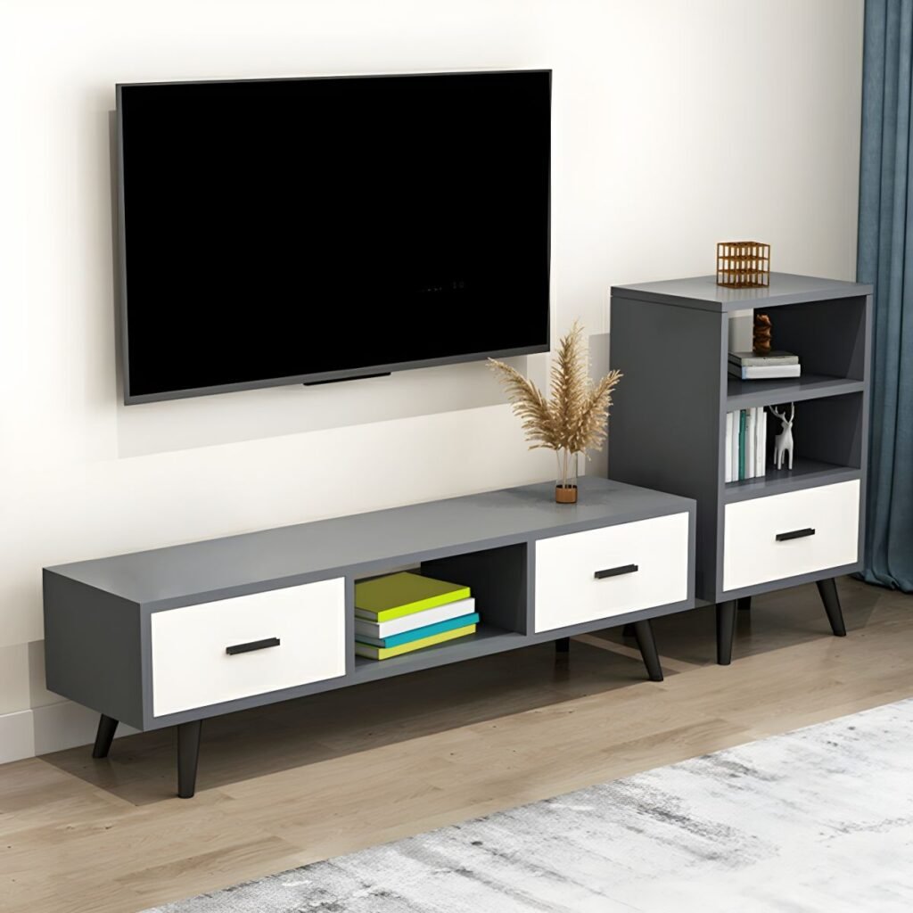 1200x12002 189 Modern Minimalist Media Shelf with 2 Drawers, Charming 63 inch Center Open Console for Stylish Living