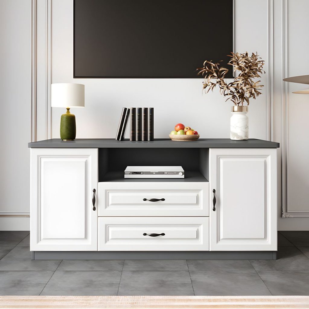 Apexerahomelife Modern Paneled Door Media Base 160cm, showing deep grey and white paneled doors, center open shelf, and E0 wood structure.