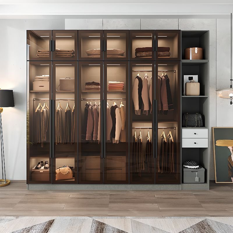 Elegant Dark Grey Glass Wardrobe with Integrated LED Lighting, 96" High Luxury Armoire featuring 3C Tempered Glass & Soft-Close Drawers - Image 4