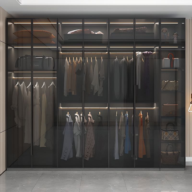 Gray Minimalist Laminate Cabinet Armoire with Soft Close Drawer, Soft Close Glass Door, Interior Shelves, and Clothing Rod - Image 5