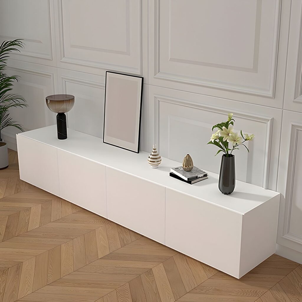 1200x12003 120 Sleek Modern White TV Console with 86.5-inch Handless Cabinet Storage, Sophisticated Eco-Friendly E0 Media Stand for Luxury Living