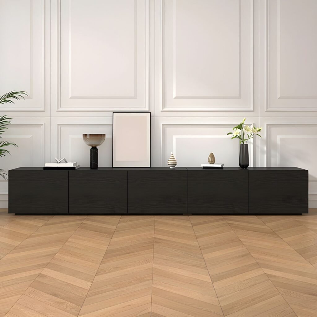 1200x12003 121 Sophisticated Black Wood TV Stand with 4 Hidden Handle Drawers, 86.5-inch Modern Minimalist Media Console for Large Screen TVs