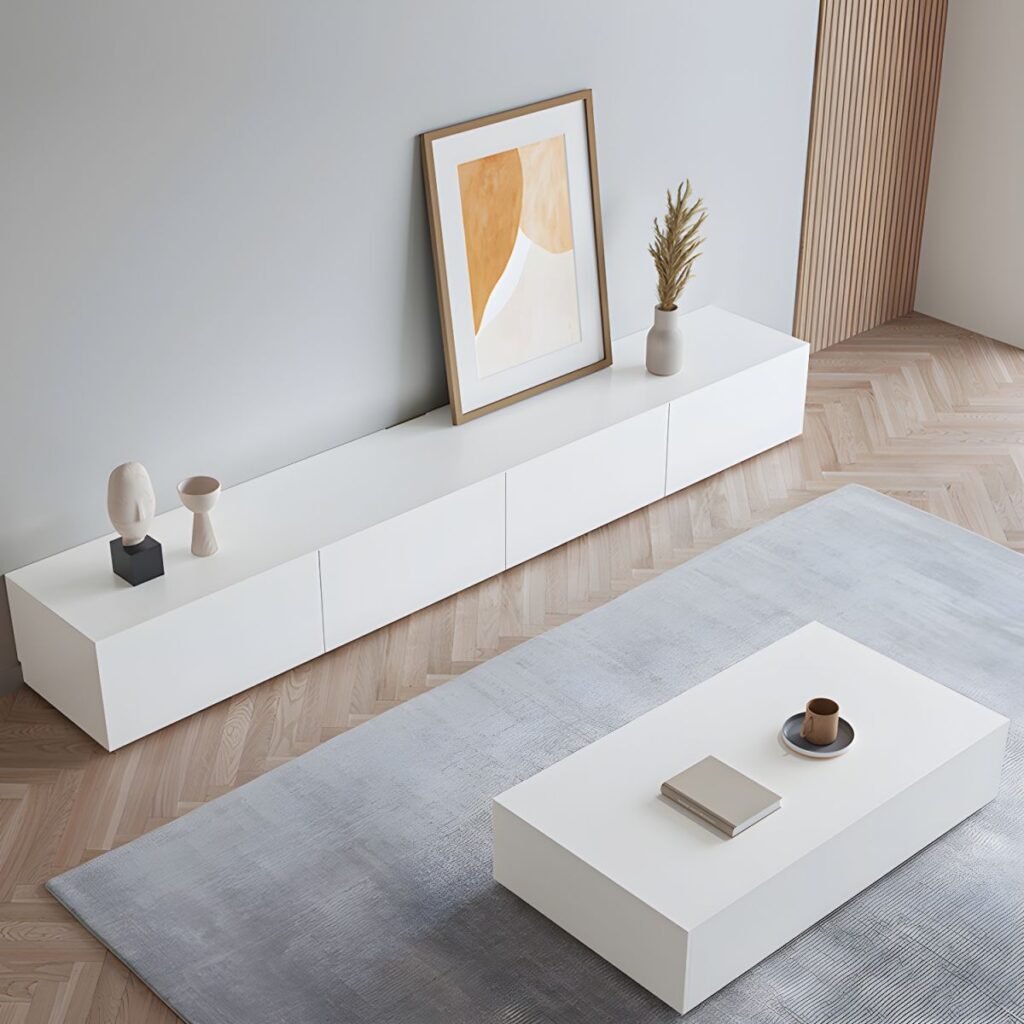 1200x12003 122 Chic 59 inch White Media Console with Gas Strut Drop-down Door, Modern Minimalist TV Stand featuring 2 Hidden Handle Drawers