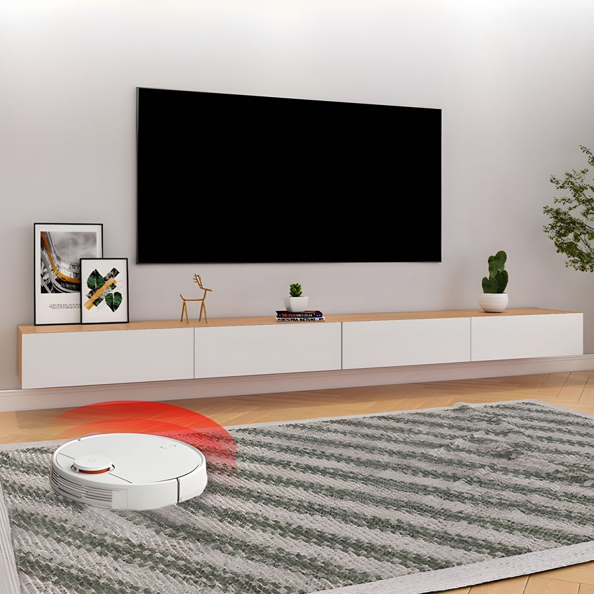 Chalk Modern Simple Style Wood TV Stand with Shelf, 4 Drawers, Cable Management, and Open-air Storage - Image 5