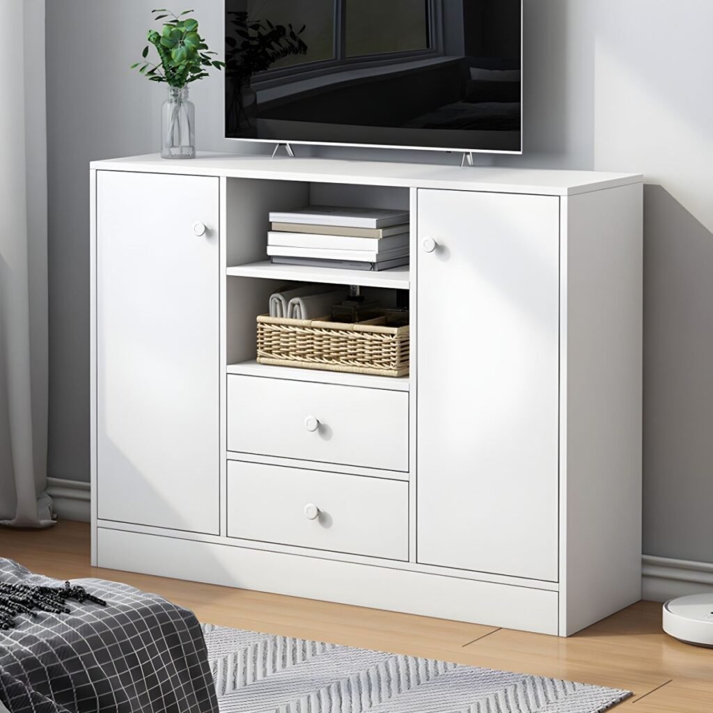 1200x12003 124 Elegant Tall White Wood TV Stand with 2 Drawers and Cabinets, 40 inch Compact High Media Console for Bedroom and Small Living Room