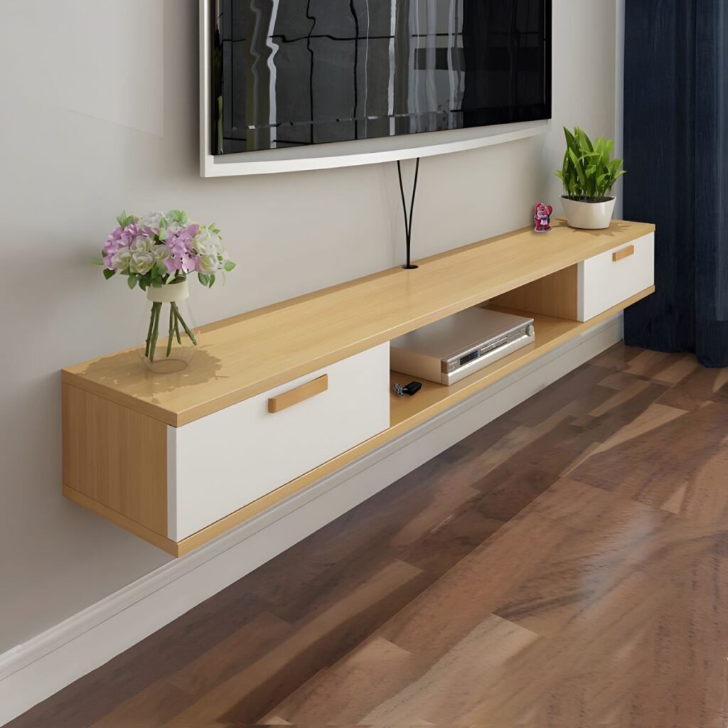 1200x12003 125 Natural Color Lumber TV Stand with Exposed Storage, Shelf, 2-Drawer & Cable Management