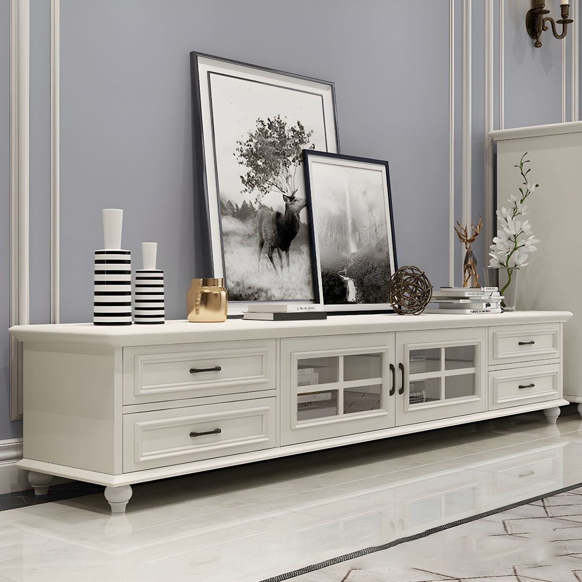 2 Tiers & 2-Door Rectangle Matte Solid Wood+Manufactured Wood Adjustable Shelf TV Stand for Living Room - Image 4