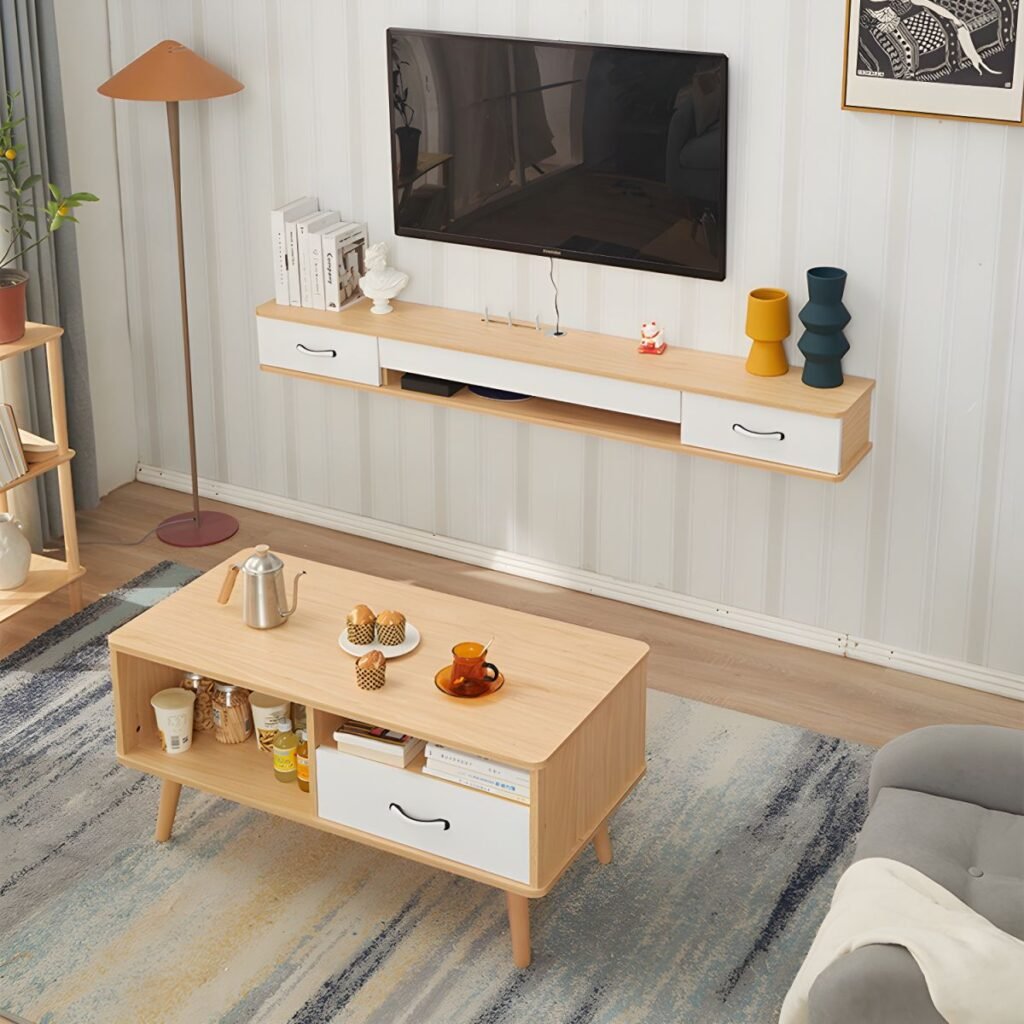1200x12003 127 Sleek Floating Grey White TV Stand with 2 Drawers, 40 inch Wall Mounted Media Console in Tricolor Wood Finish