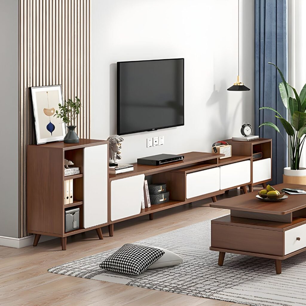 1200x12003 128 3-Drawer Modern Wood TV Stand with Open Storage and Cable Management