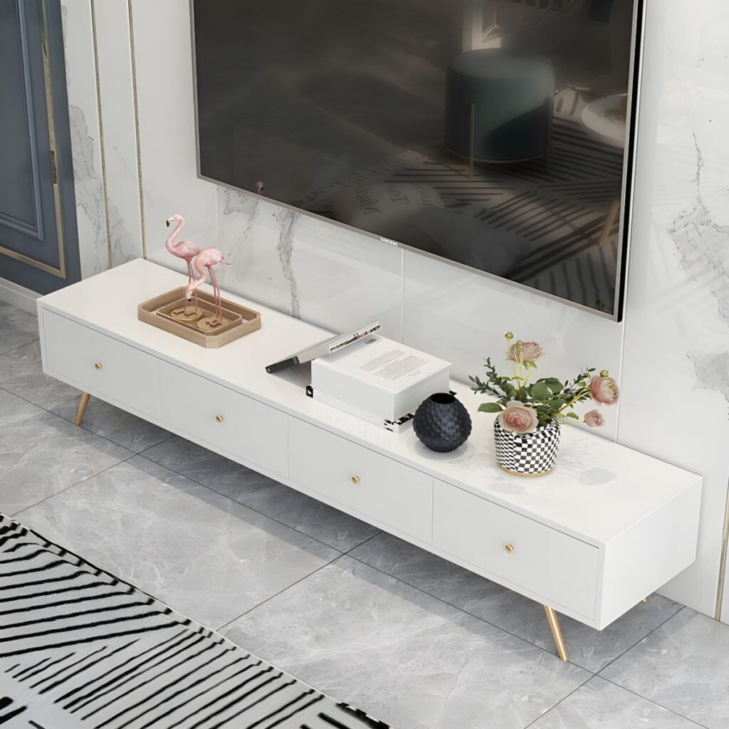 1200x12003 130 Elegant White 4 Drawer TV Stand featuring Modern Minimalist Design, 79 inch Large Media Console for Luxury Living