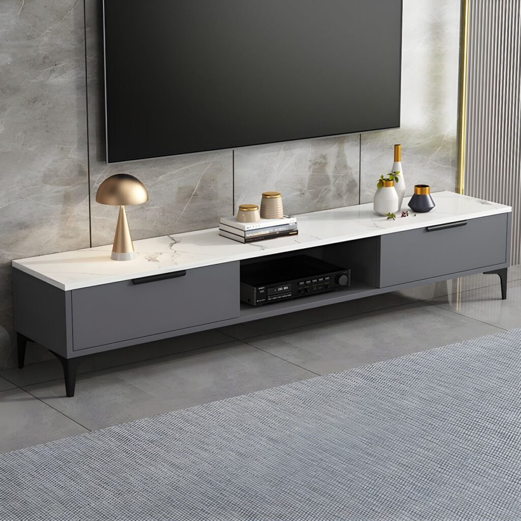 1200x12003 131 Grey White Small TV Console with Open Shelf, 47 inch Modern Two-Tone Media Stand for Cozy Living Spaces