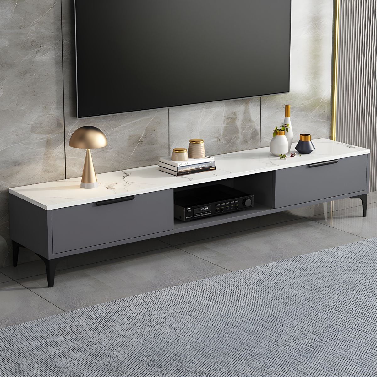 Ivory Wood TV Stand with Shelf, 2 Drawers, 2 Cabinets, Cable Management, and Visible Storage - Image 4