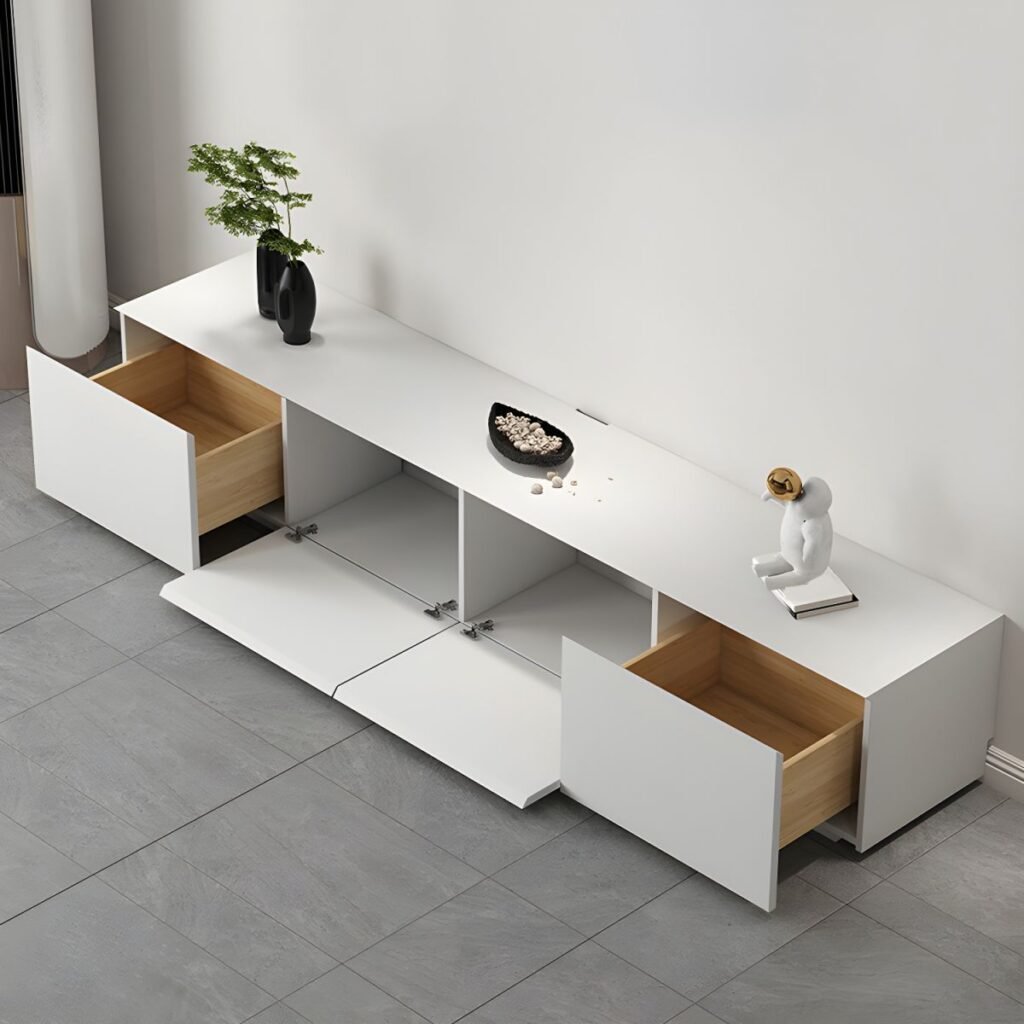 1200x12003 135 Chic White Gas Lift TV Stand with Hidden Handles, 59 inch Sophisticated Media Console for Modern Luxury Living