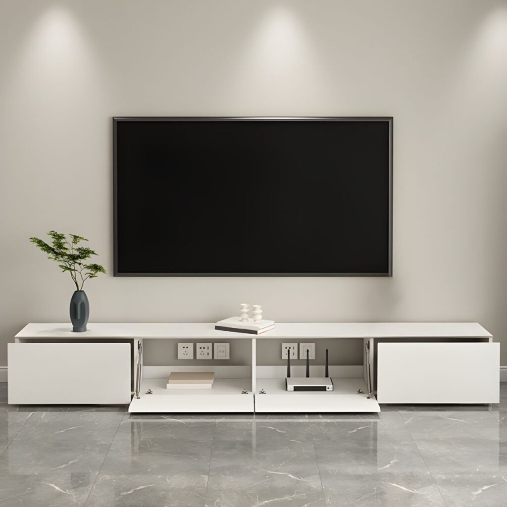 1200x12003 136 Ultra Sleek White TV Console with Gas Lift Flap Door, 59-94 inch Versatile Media Base for Modern Large Living Rooms