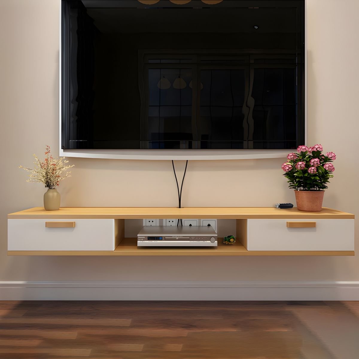 Nordic Wall-Mounted TV Console Solid Wood 2-Drawer Floating TV Stand Console - Image 4