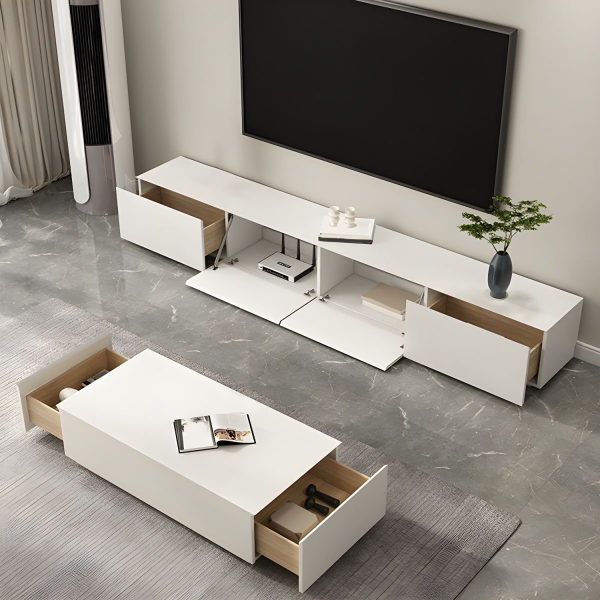 White Art Deco Wooden TV Stand with 2 Drawers and 2 Cabinets - Image 5