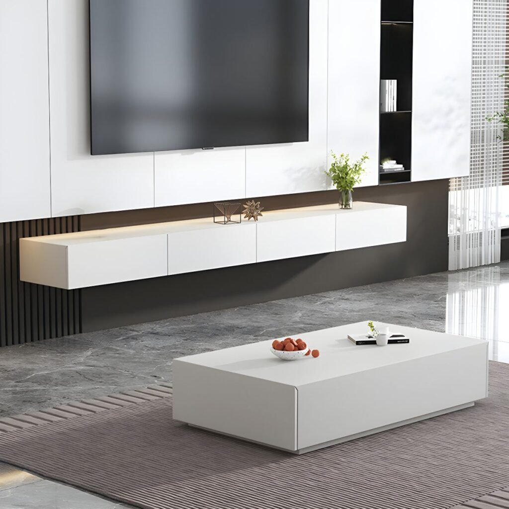 1200x12003 144 Floating White Media Console with 2 Drawers, Stunning 94 inch Wall Mounted Entertainment Unit for Modern Living