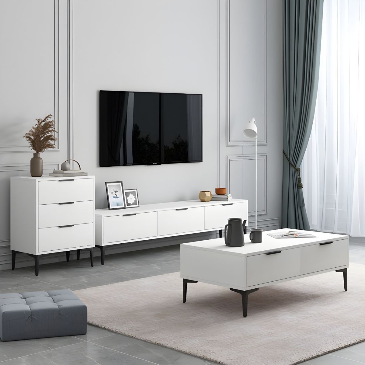White Wood TV Stand with Cabinets and Shelves for Small Space, Elegant and Functional - Image 4