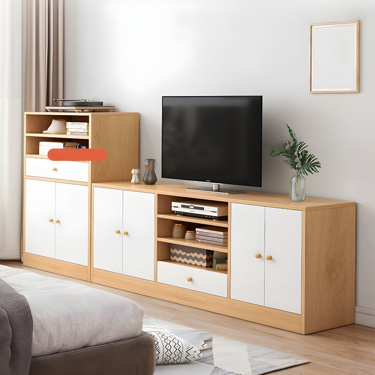 Modern Simple Style Lumber TV Stand with Shelf, 3 Cabinets, and Uncovered Storage - Image 4