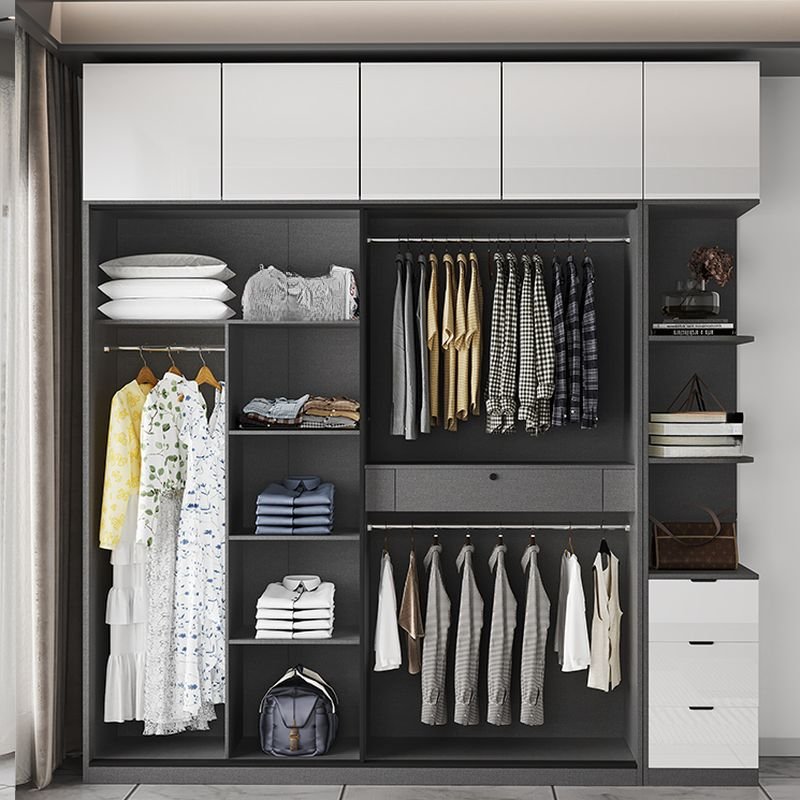 Exquisite Anthracite Fusion – Radiant 94.5-Inch Hybrid Wardrobe with White Sliding Panels and Side Drawer Module - Image 4