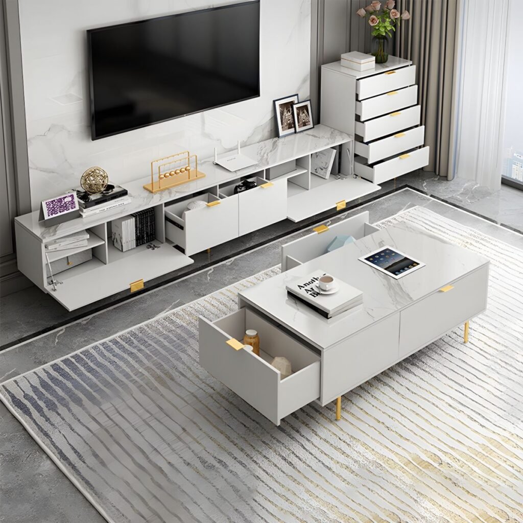1200x12003 153 Modern White Gold TV Stand with 3 Drawers, Stunning 79 inch Media Center with Elegant Tapered Legs