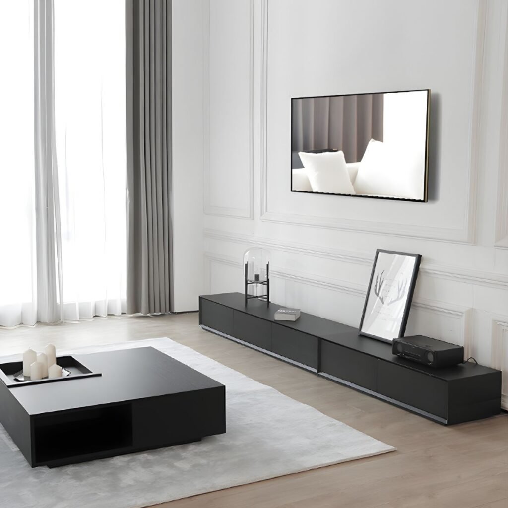 1200x12003 154 Black Wood Grain Media Base with 4 Drawers, Bold 71 inch Low Profile TV Console for Modern Living