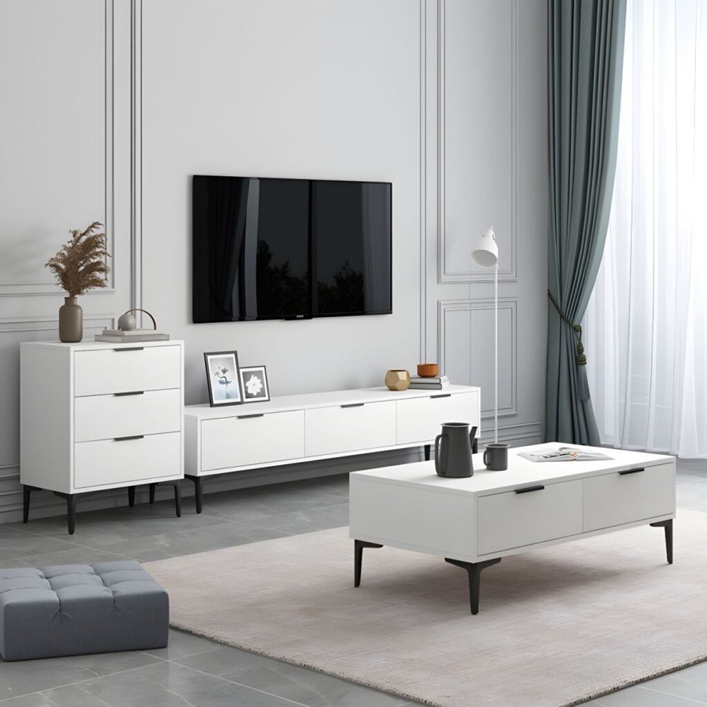 1200x12003 156 Elegant White Metal Leg TV Base with 4 Drawers, Radiant 79 inch Modern Media Center for Elite Living