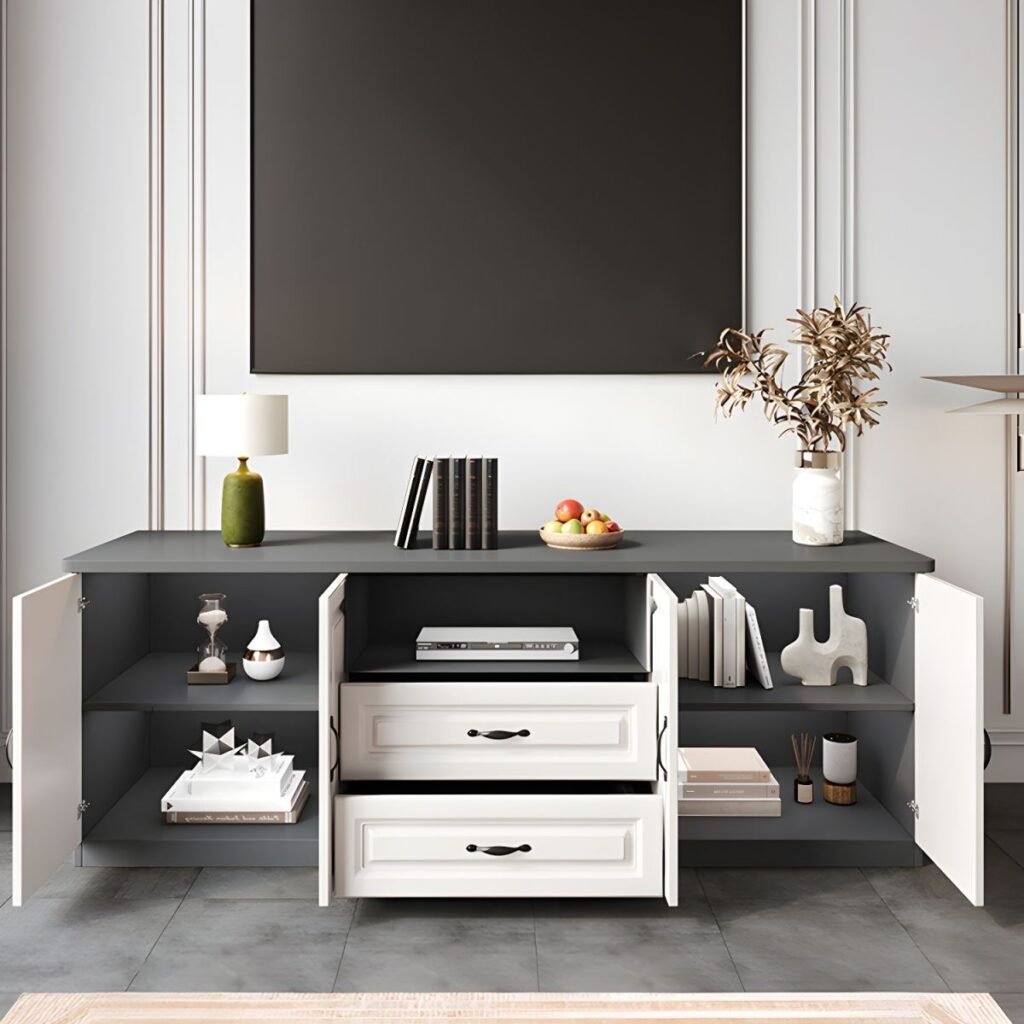1200x12003 157 Modern Paneled Door Media Base with Drawers, Charming 63 inch Mid-Height Entertainment Center for Upscale Homes