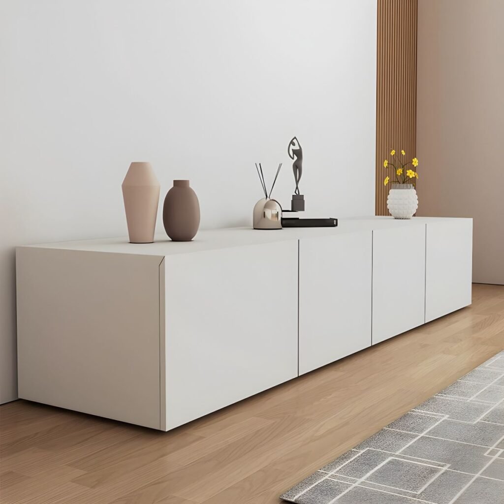 1200x12003 160 Sleek White Media Console Table, Radiant 94 inch Minimalist TV Stand with Drop-down Storage for Modern Homes