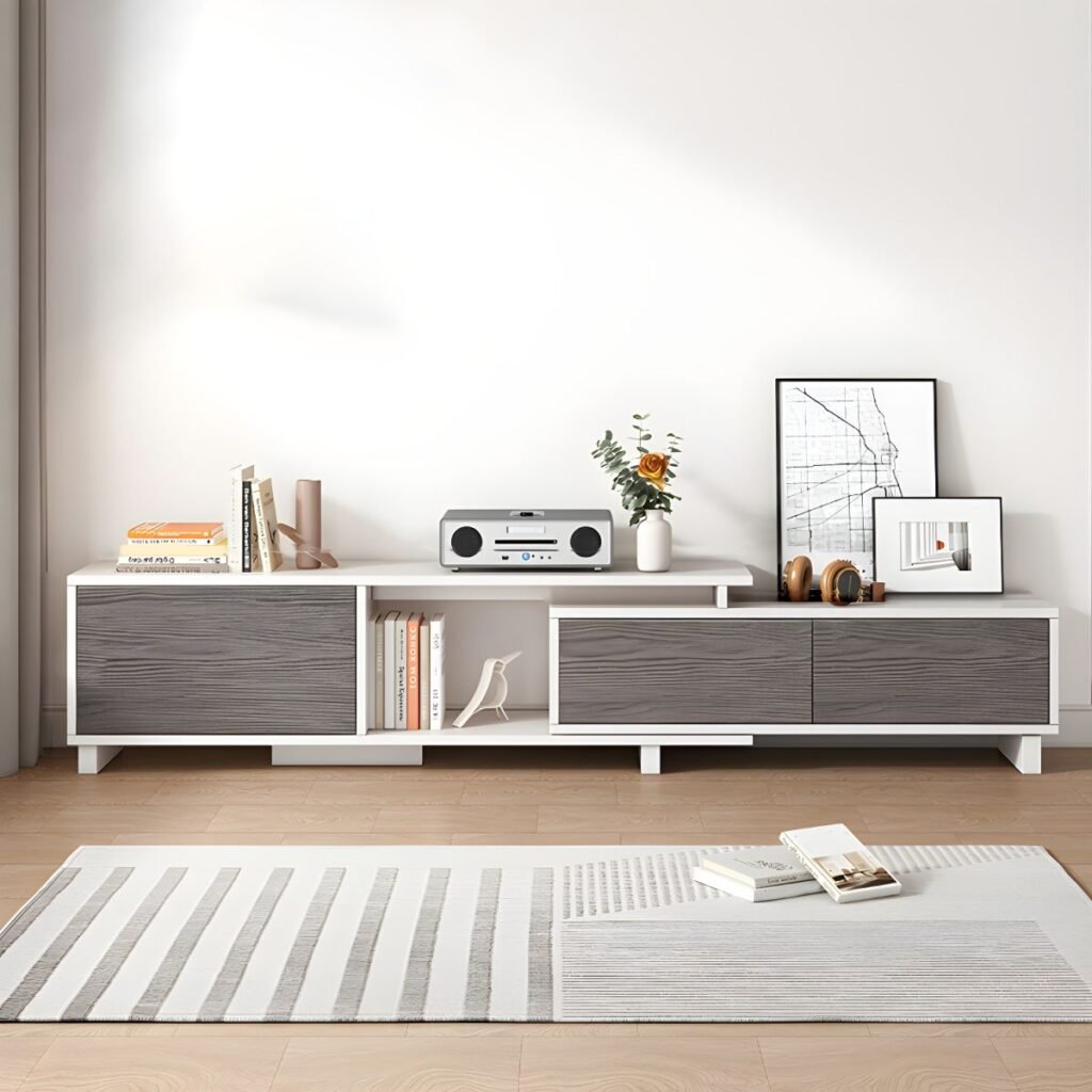 1200x12003 164 Durable Cocoa Art Deco Rectangular Wood TV Stand with 3 Drawers and Cable Management Console