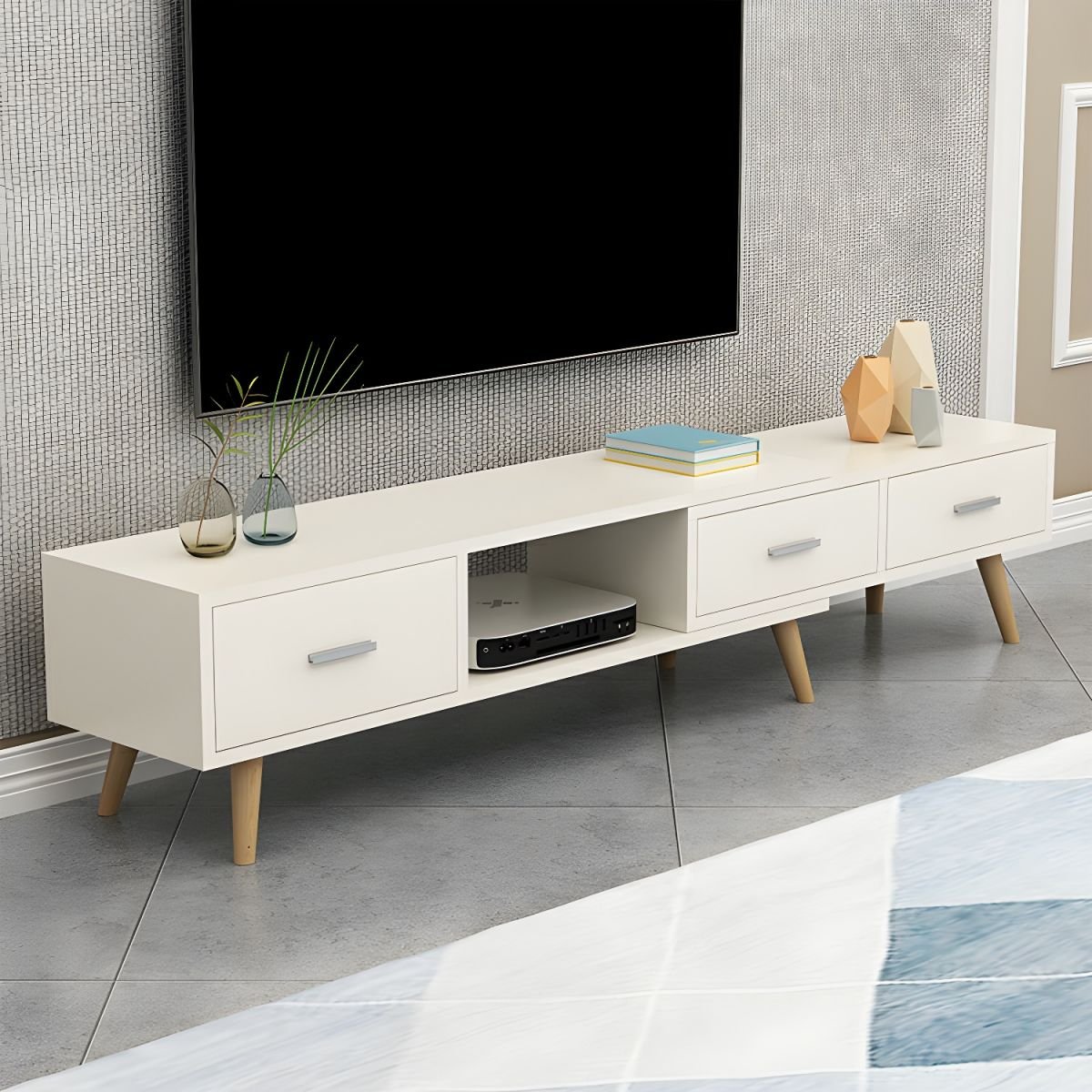 Wood TV Stand Console in Wood with Storage Drawers and Metal Legs Glam - Image 5