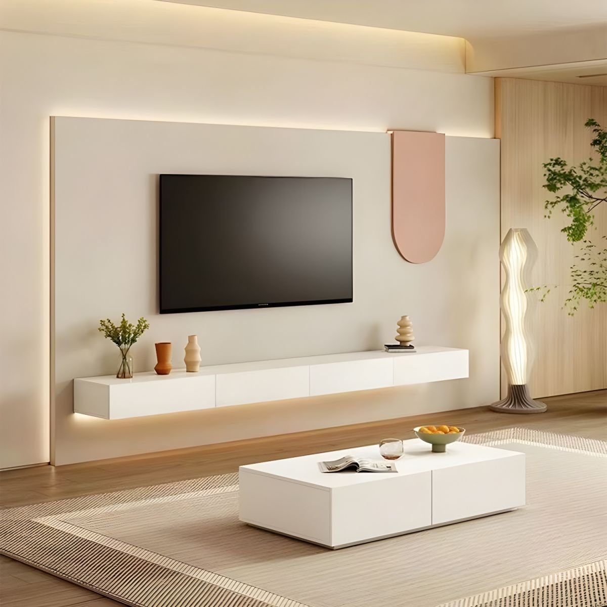 Art Deco Wooden TV Stand with Shelf, 2 Drawers, 2 Cabinets, and Cable Management - Image 5