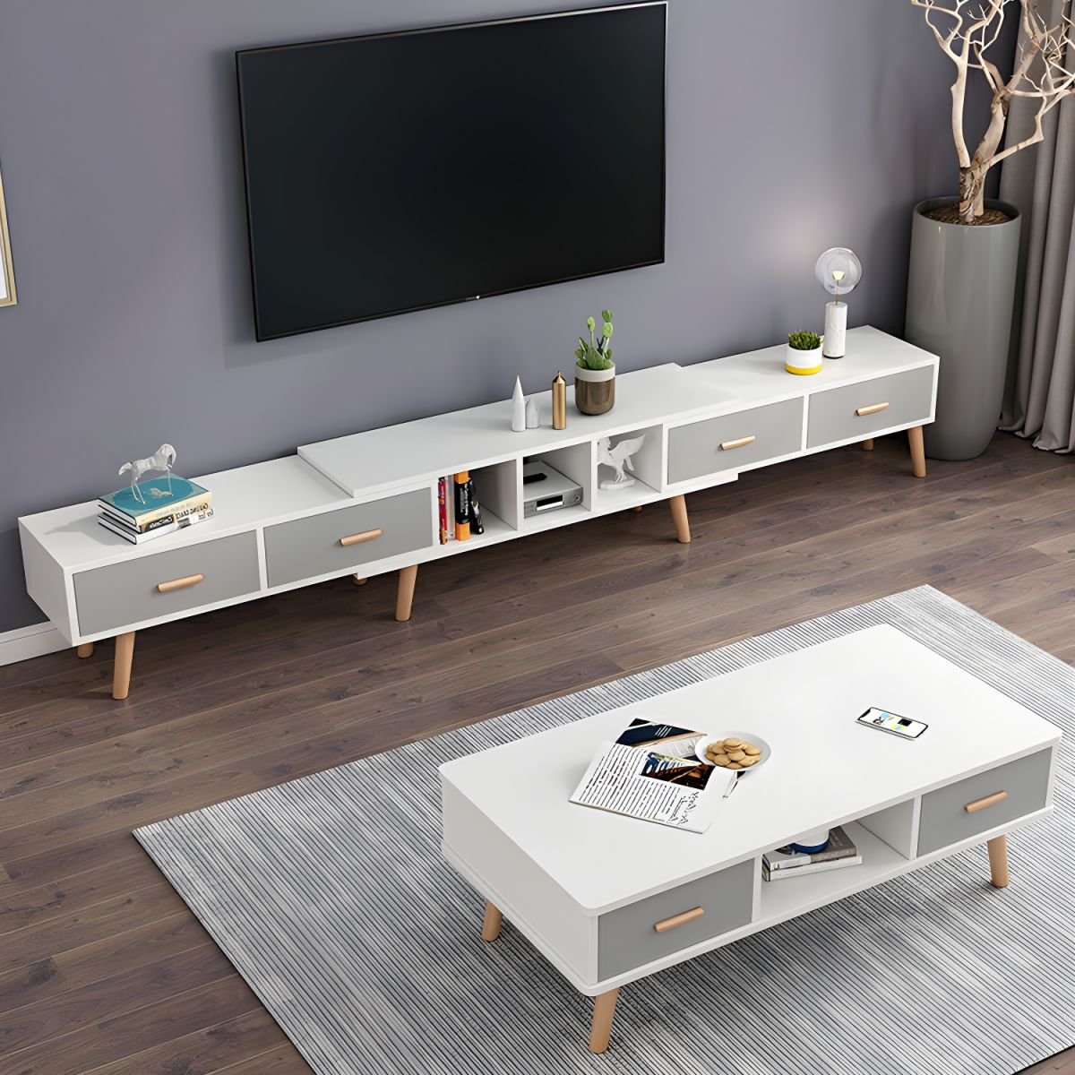 Scandinavian Style Wood TV Stand with Open Shelving, Low Profile, No-Drilling Holes, 30cm Width - Image 4