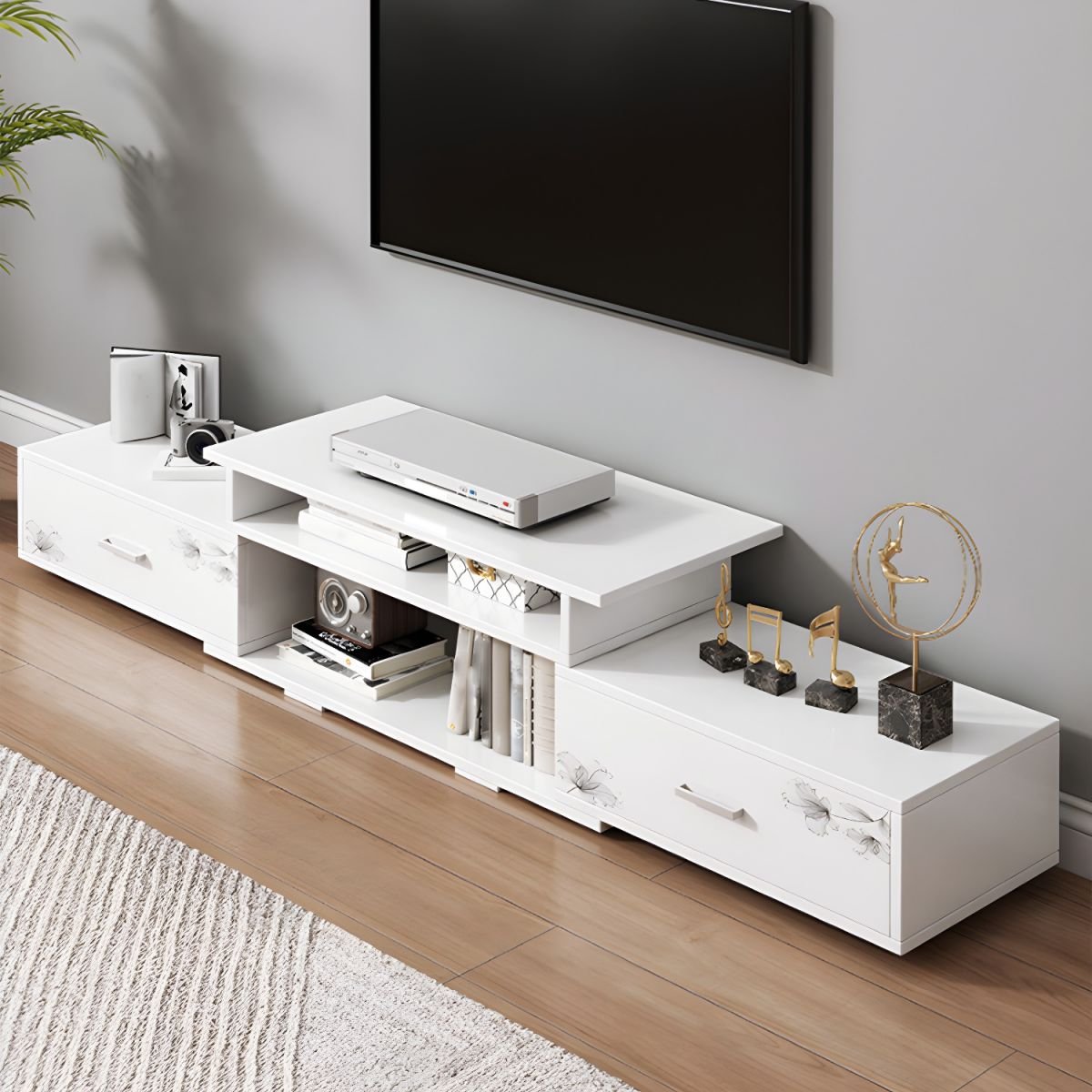 Contemporary TV Stand with Drawers / Cabinets in White , Faux Wood TV Console - Image 4