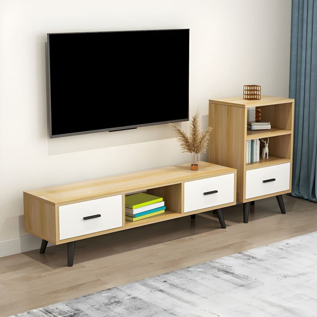 1200x12003 181 Modern Minimalist Media Shelf with 2 Drawers, Charming 63 inch Center Open Console for Stylish Living