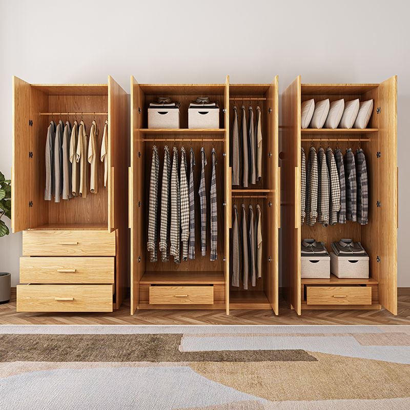 Modern Natural Wood Wardrobe Armoire with Sliding Doors, Drawers, and Shelves - Image 5