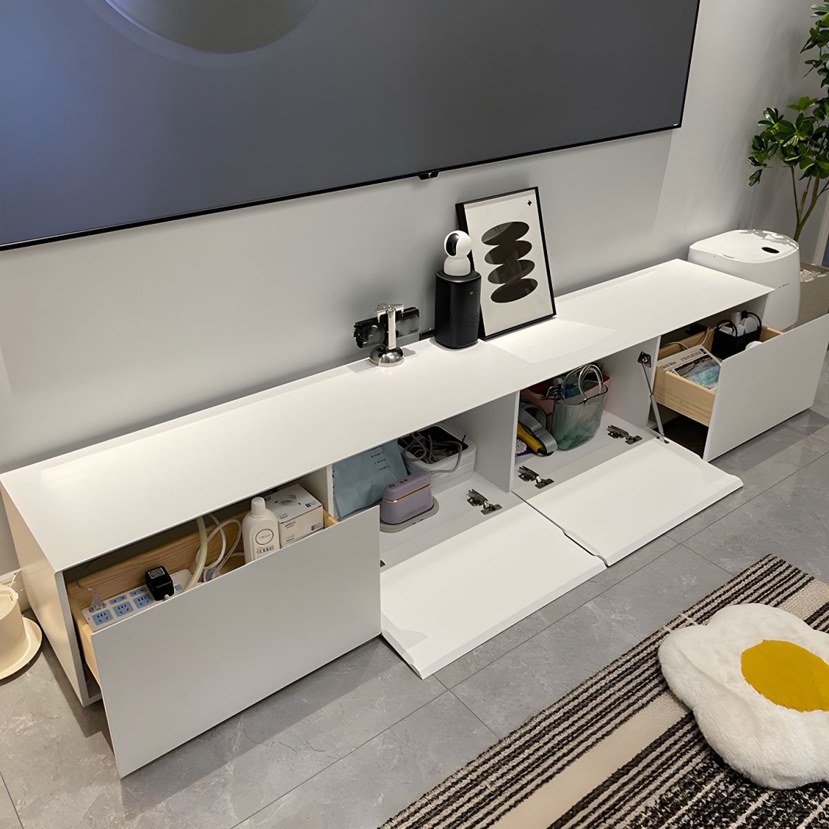 White Art Deco Wooden TV Stand with 4/3 Drawers and Cable Management - Image 6