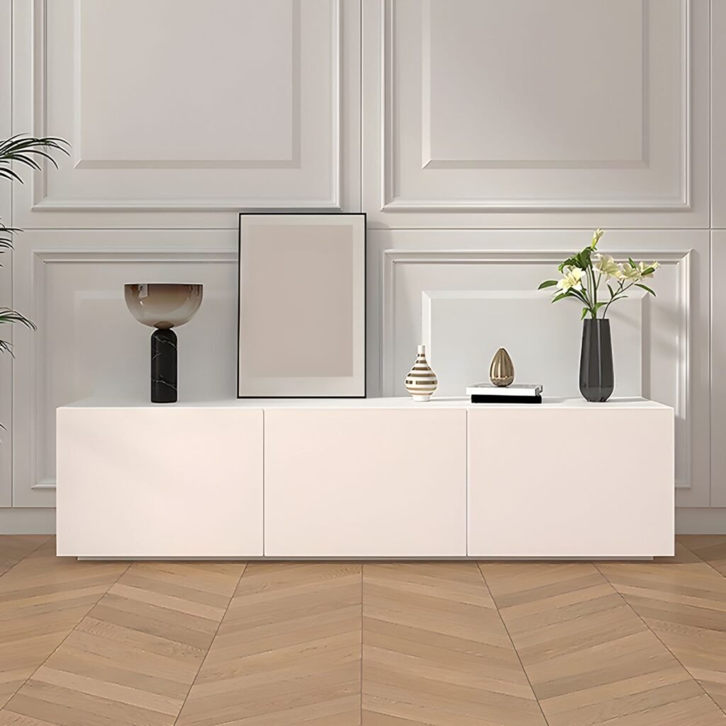 1200x12004 118 Sleek Modern White TV Console with 86.5-inch Handless Cabinet Storage, Sophisticated Eco-Friendly E0 Media Stand for Luxury Living