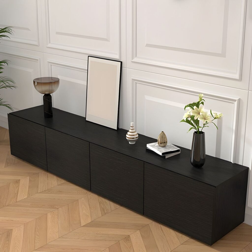 1200x12004 119 Sophisticated Black Wood TV Stand with 4 Hidden Handle Drawers, 86.5-inch Modern Minimalist Media Console for Large Screen TVs